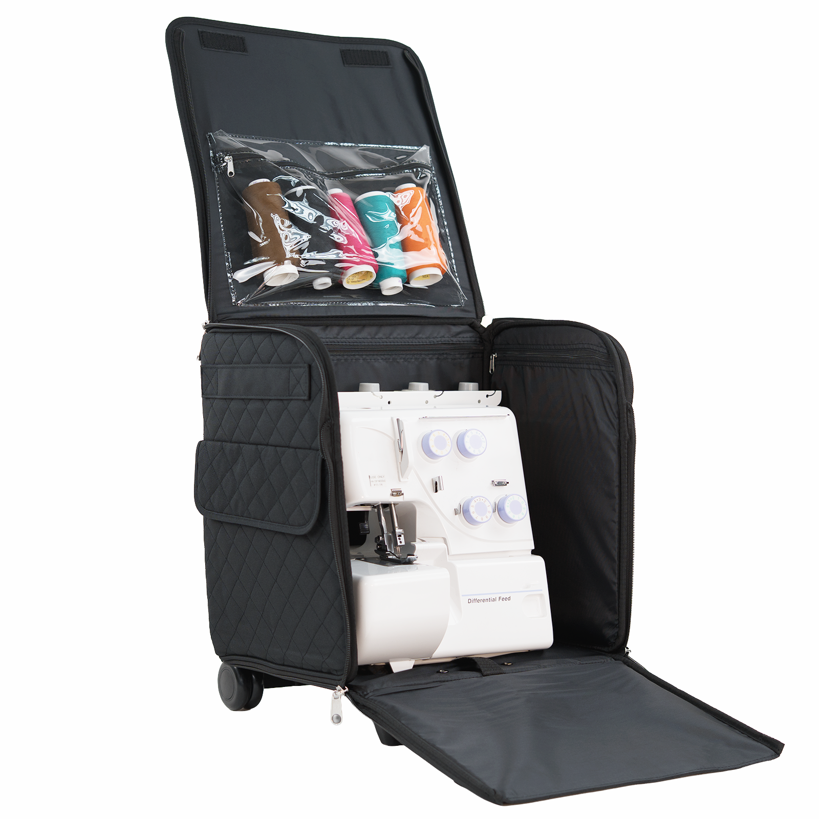 Collapsible Rolling Serger Machine Case, Black Quilted