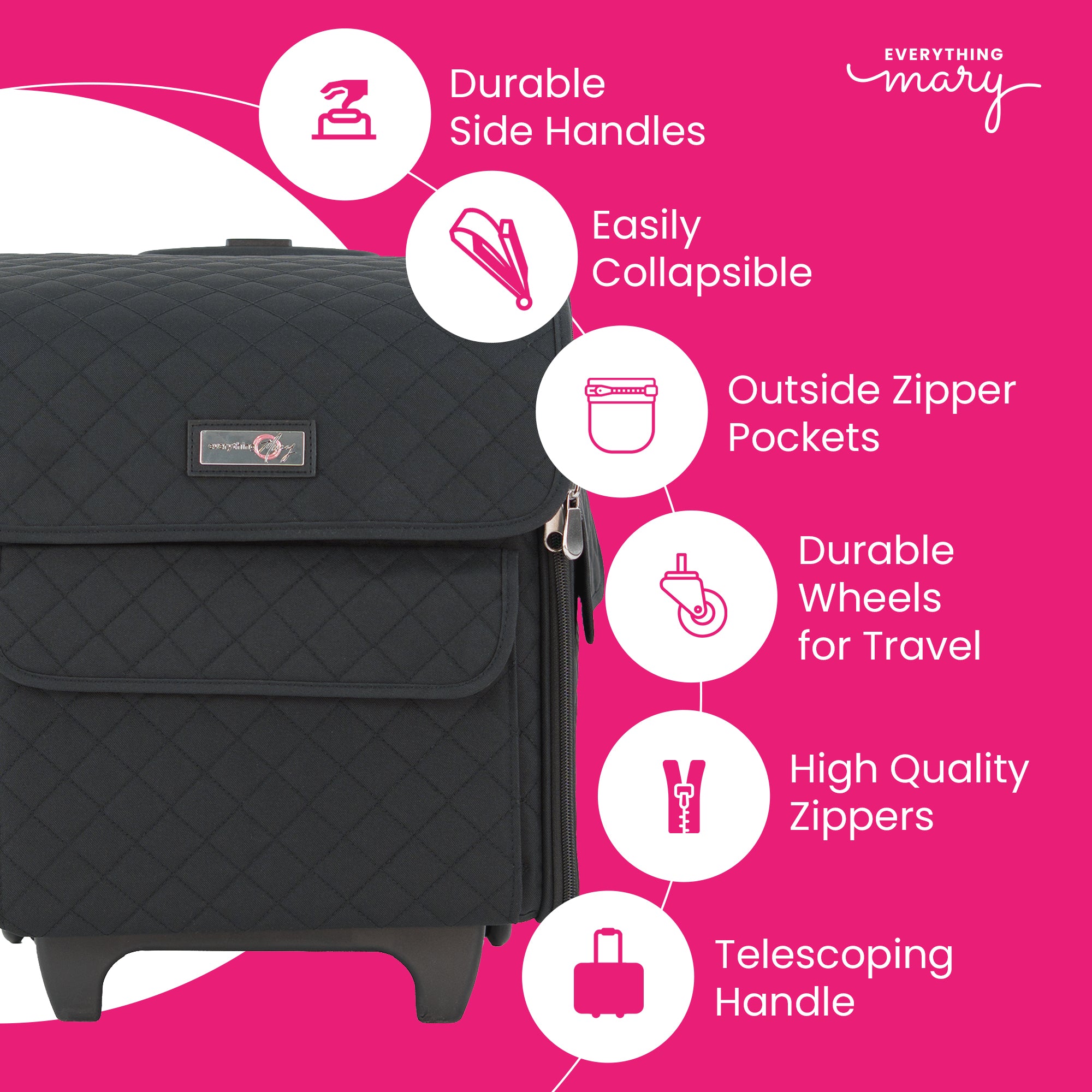 Collapsible Rolling Serger Machine Case, Black Quilted