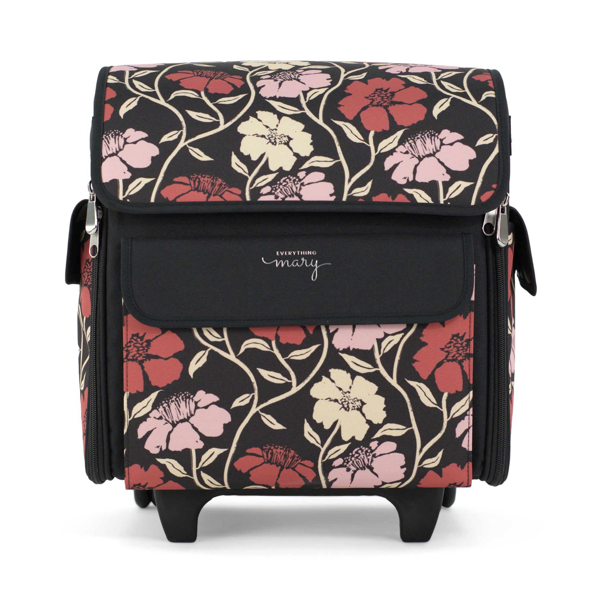 Everything Mary Rolling Serger Tote with Wheels in Red & Tan Floral – Serger Machine Carrying Case with Securing Strap for Travel & Classes