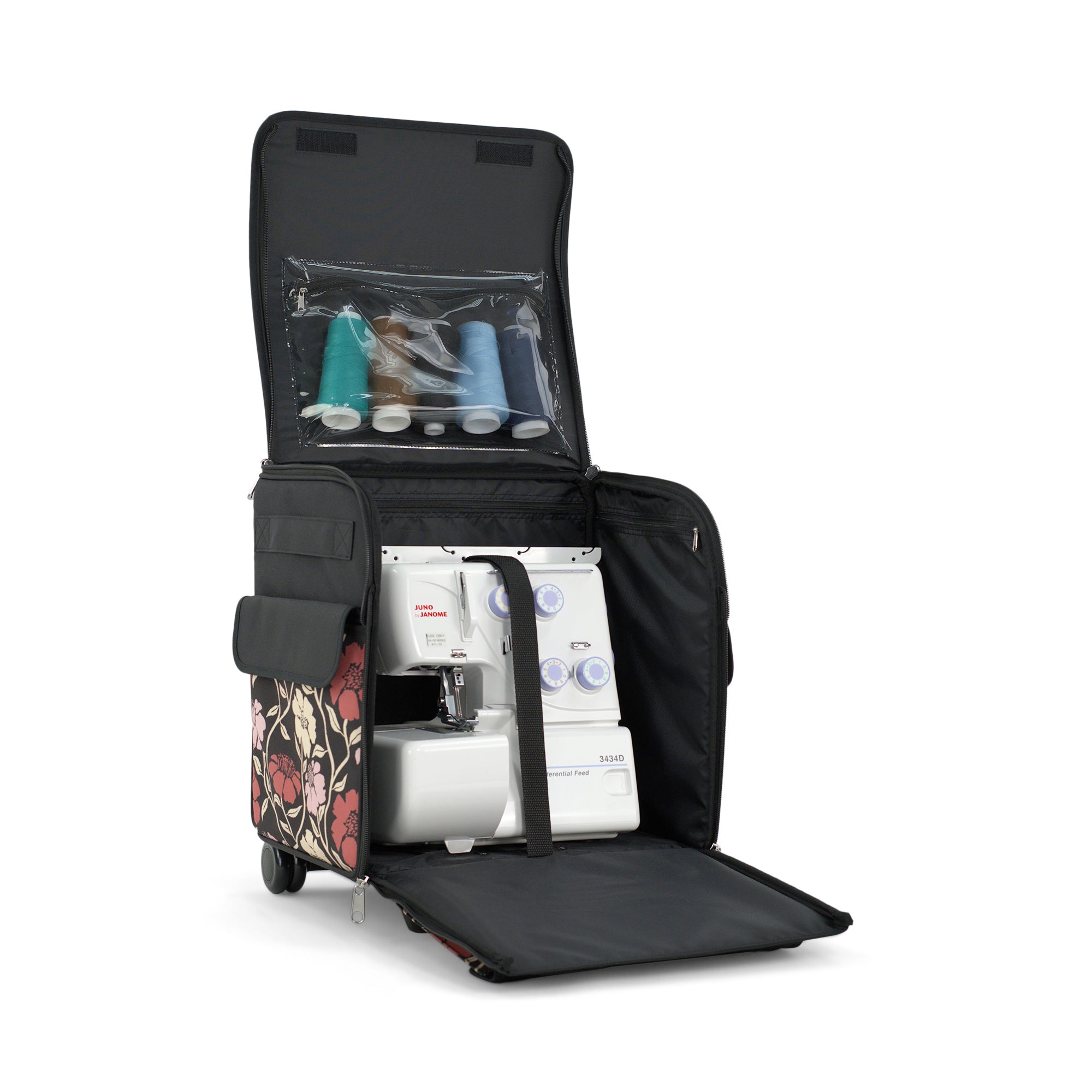 Everything Mary Rolling Serger Tote with Wheels in Red & Tan Floral – Serger Machine Carrying Case with Securing Strap for Travel & Classes
