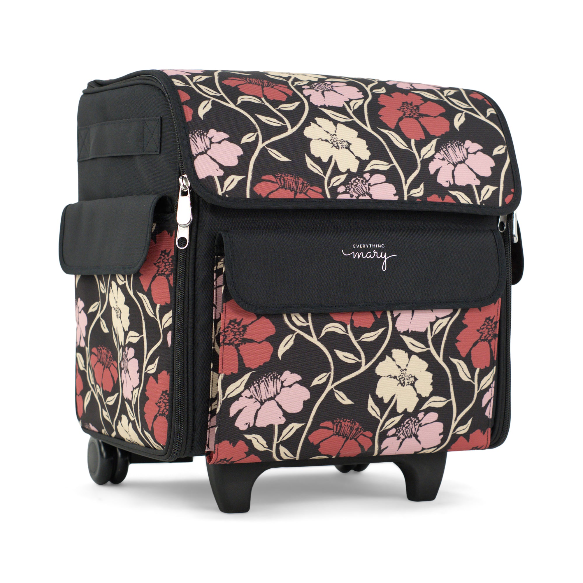 Everything Mary Rolling Serger Tote with Wheels in Red & Tan Floral – Serger Machine Carrying Case with Securing Strap for Travel & Classes