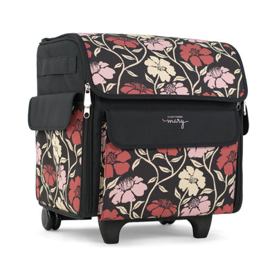 Everything Mary Rolling Serger Tote with Wheels in Red & Tan Floral – Serger Machine Carrying Case with Securing Strap for Travel & Classes