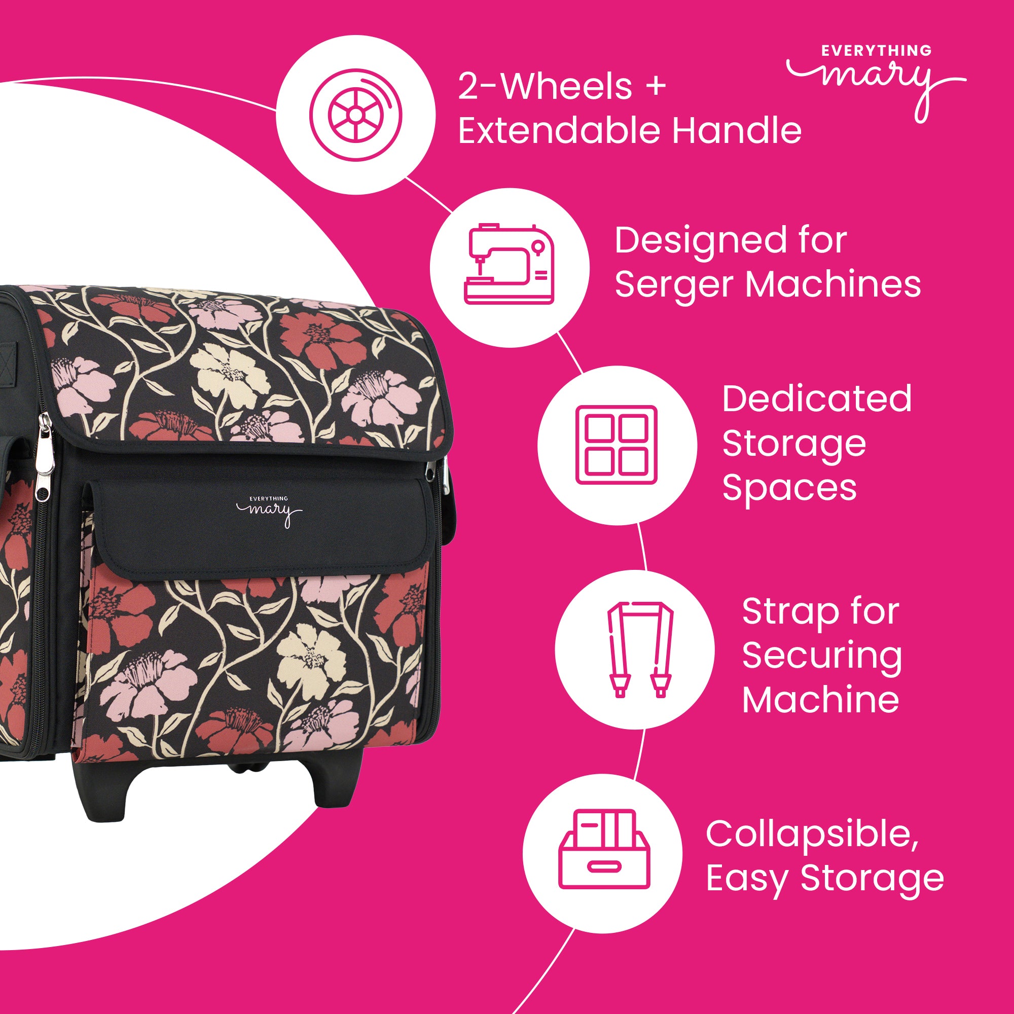 Everything Mary Rolling Serger Tote with Wheels in Red & Tan Floral – Serger Machine Carrying Case with Securing Strap for Travel & Classes