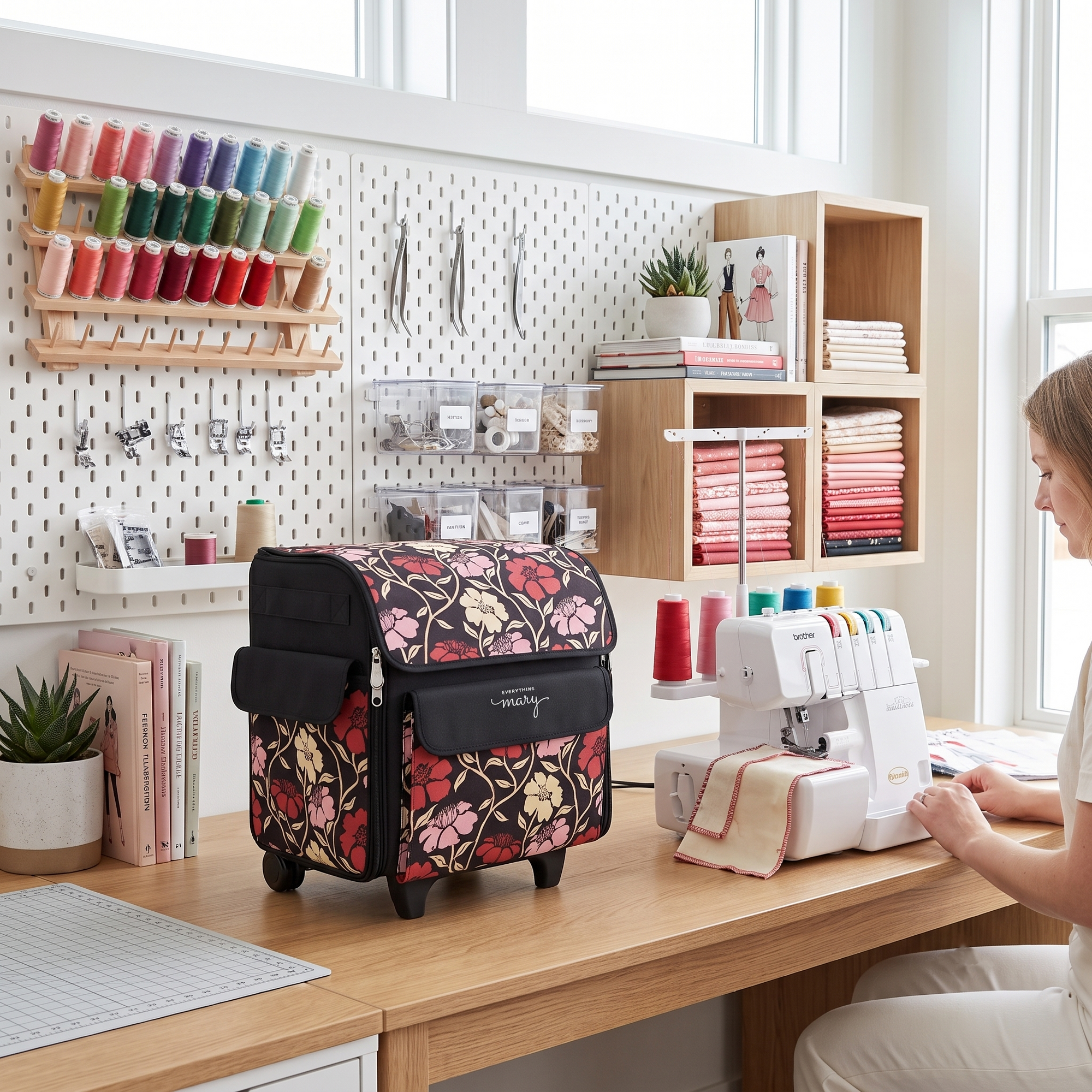 Everything Mary Rolling Serger Tote with Wheels in Red & Tan Floral – Serger Machine Carrying Case with Securing Strap for Travel & Classes