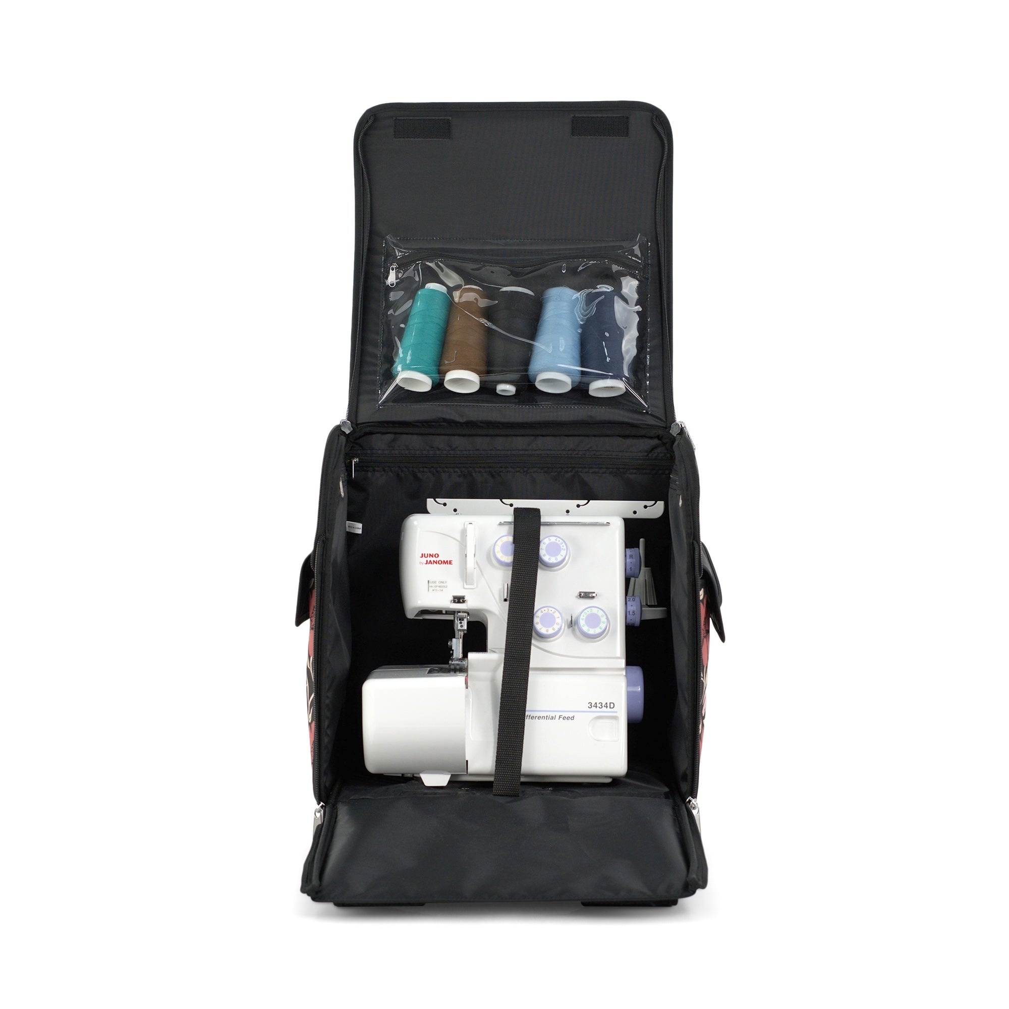 Everything Mary Rolling Serger Tote with Wheels in Red & Tan Floral – Serger Machine Carrying Case with Securing Strap for Travel & Classes