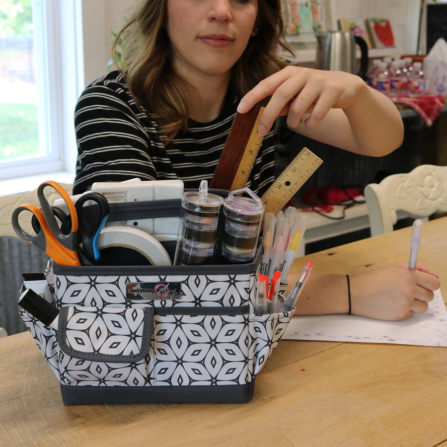 Everything Mary Collapsible Desktop Craft Caddy, Grey Geometric – Polyester Craft & Art Supply Organizer with 12 Storage Compartments