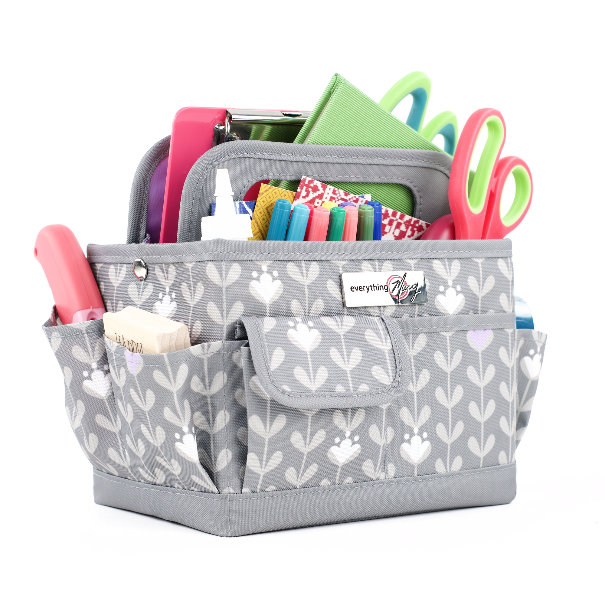 Everything Mary Collapsible Desktop Craft Caddy, Grey & Purple Floral – Polyester Craft & Art Supply Organizer with 12 Storage Compartments