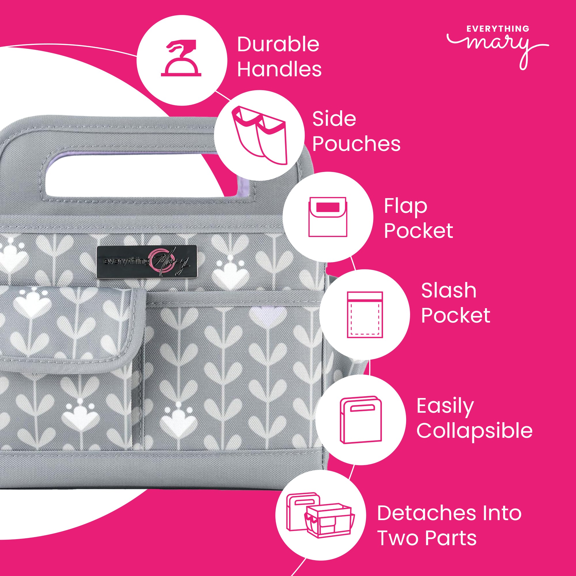Everything Mary Collapsible Desktop Craft Caddy, Grey & Purple Floral – Polyester Craft & Art Supply Organizer with 12 Storage Compartments