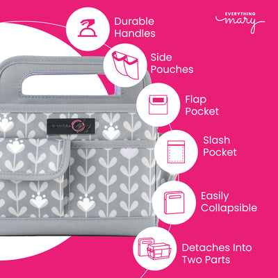 Everything Mary Collapsible Desktop Craft Caddy, Grey & Purple Floral – Polyester Craft & Art Supply Organizer with 12 Storage Compartments
