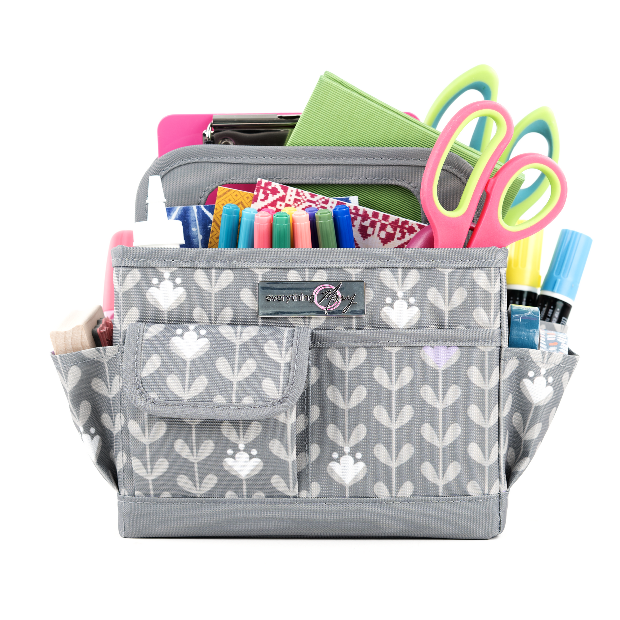 Everything Mary Collapsible Desktop Craft Caddy, Grey & Purple Floral – Polyester Craft & Art Supply Organizer with 12 Storage Compartments