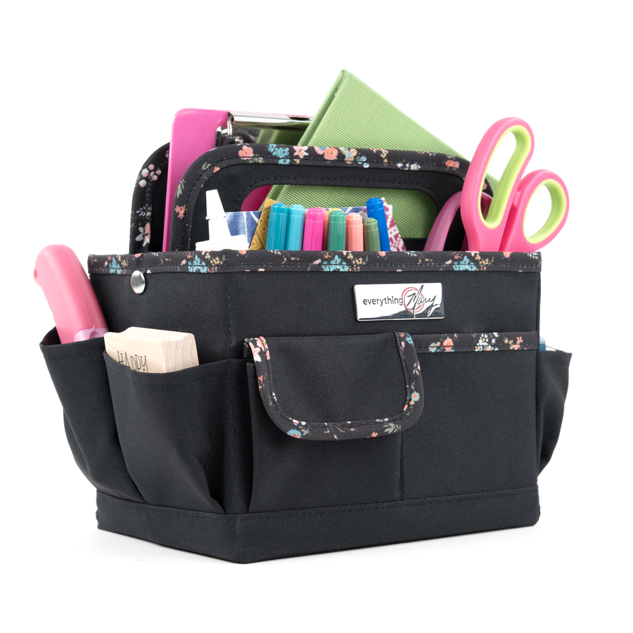 Everything Mary Collapsible Desktop Craft Caddy, Black & Floral Trim – Polyester Craft & Art Supply Organizer with 12 Storage Compartments