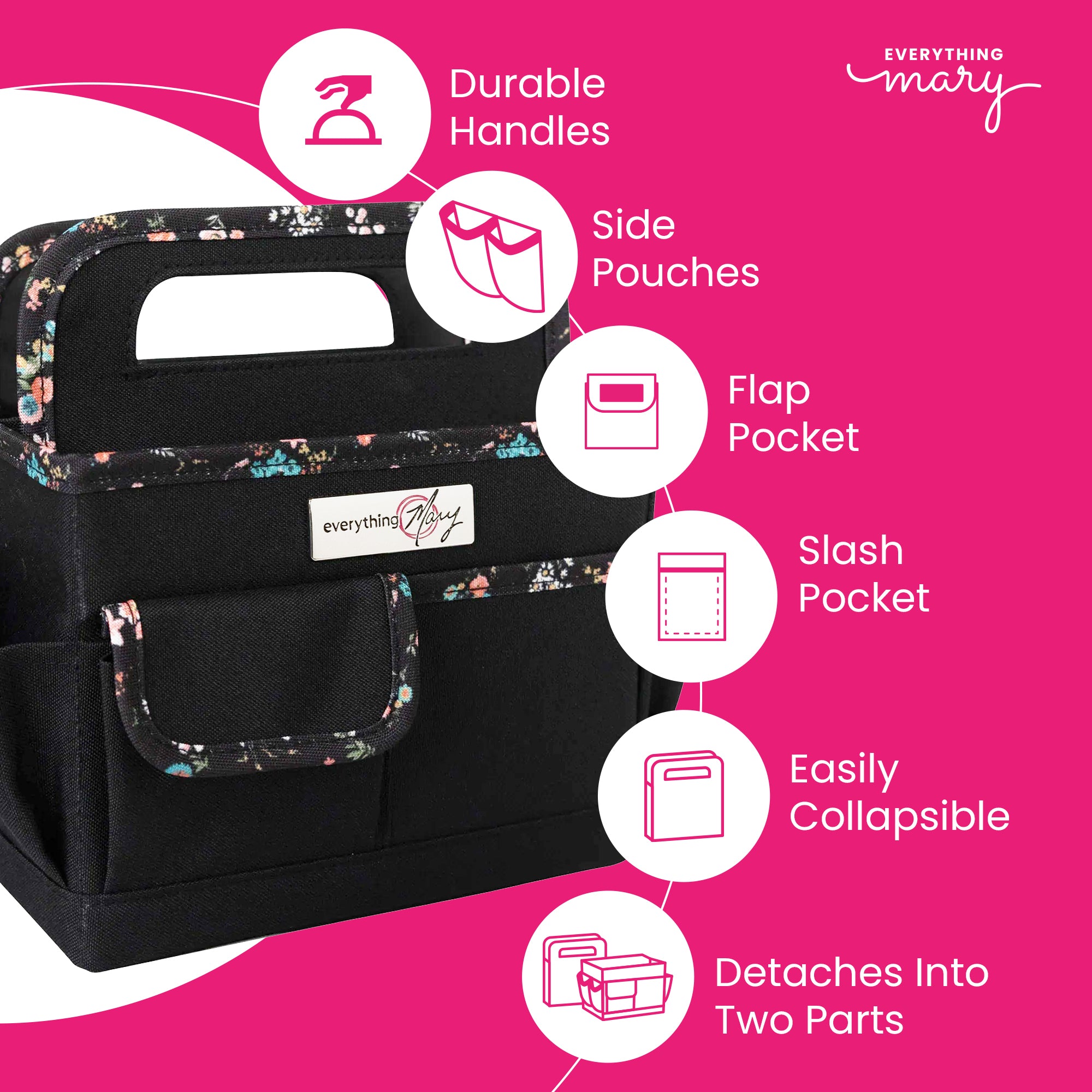 Everything Mary Collapsible Desktop Craft Caddy, Black & Floral Trim – Polyester Craft & Art Supply Organizer with 12 Storage Compartments