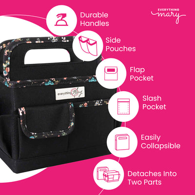 Everything Mary Collapsible Desktop Craft Caddy, Black & Floral Trim – Polyester Craft & Art Supply Organizer with 12 Storage Compartments
