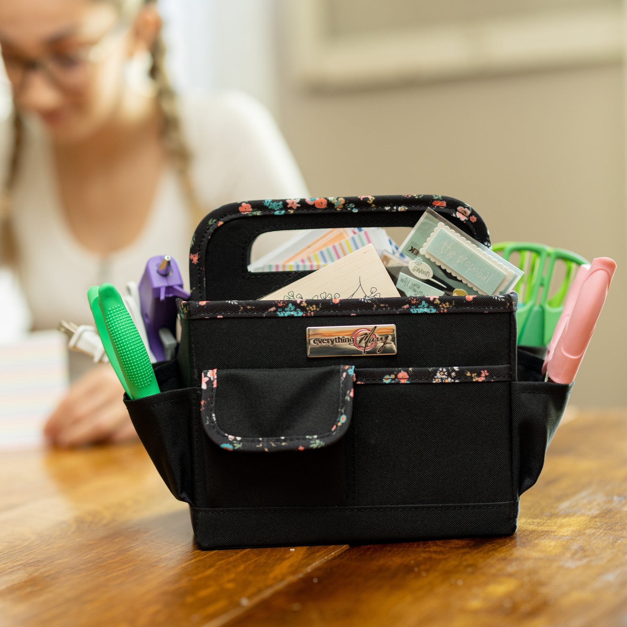 Everything Mary Collapsible Desktop Craft Caddy, Black & Floral Trim – Polyester Craft & Art Supply Organizer with 12 Storage Compartments