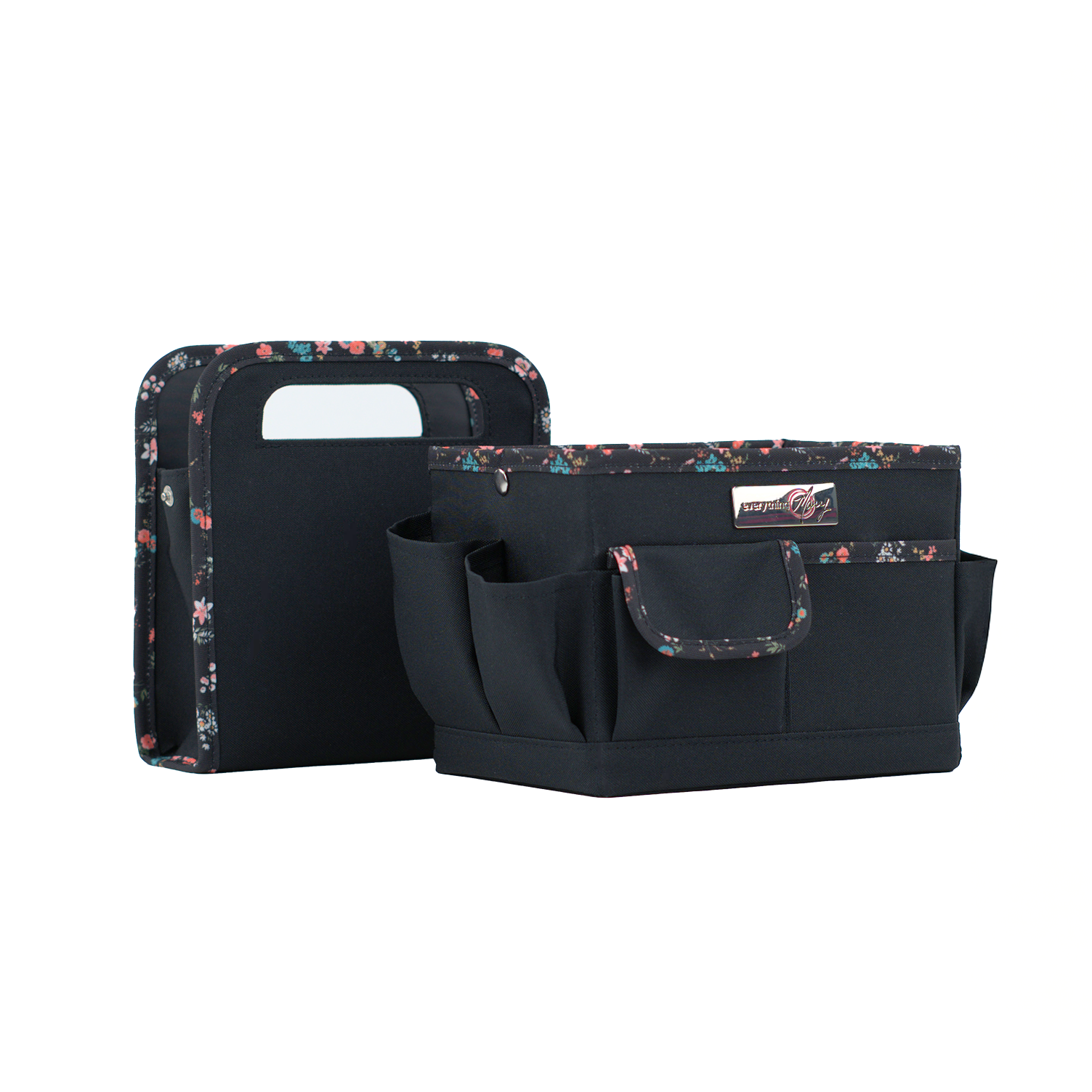 Everything Mary Collapsible Desktop Craft Caddy, Black & Floral Trim – Polyester Craft & Art Supply Organizer with 12 Storage Compartments