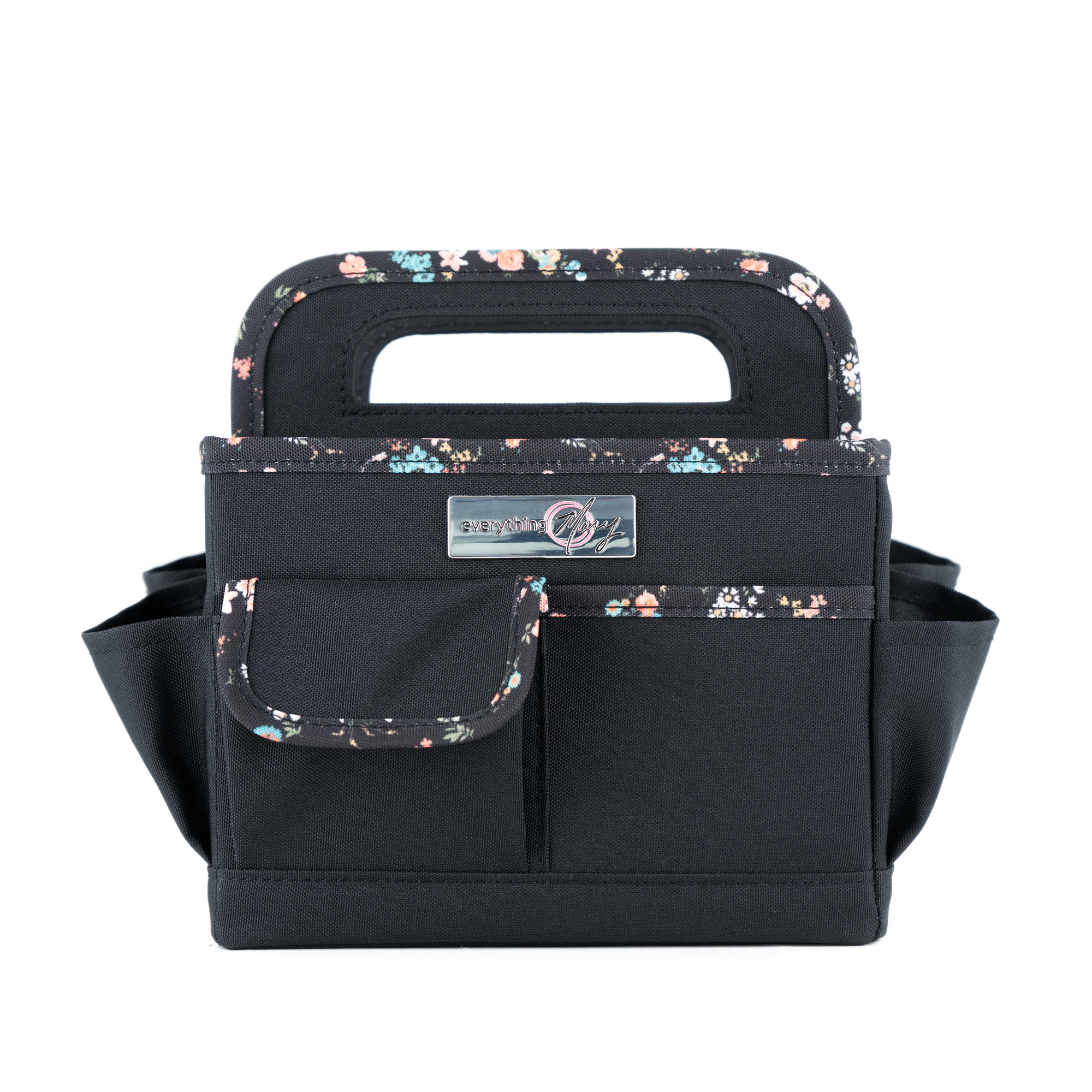 Everything Mary Collapsible Desktop Craft Caddy, Black & Floral Trim – Polyester Craft & Art Supply Organizer with 12 Storage Compartments
