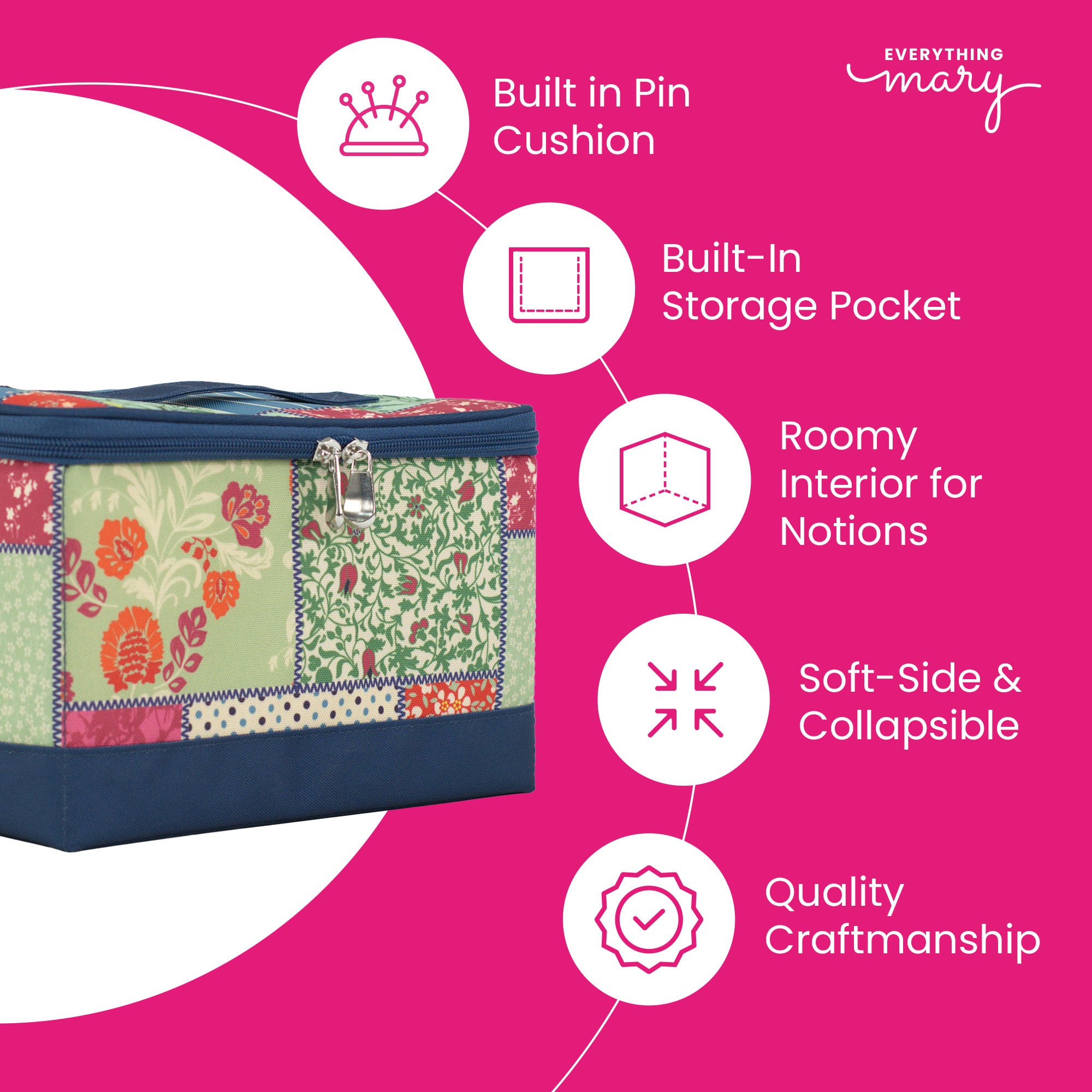 Everything Mary Sewing Box Organizer in Quilted Pattern – Soft-Side Collapsible Sewing Kit Caddy with Pin Cushion & Storage Pocket for Notions