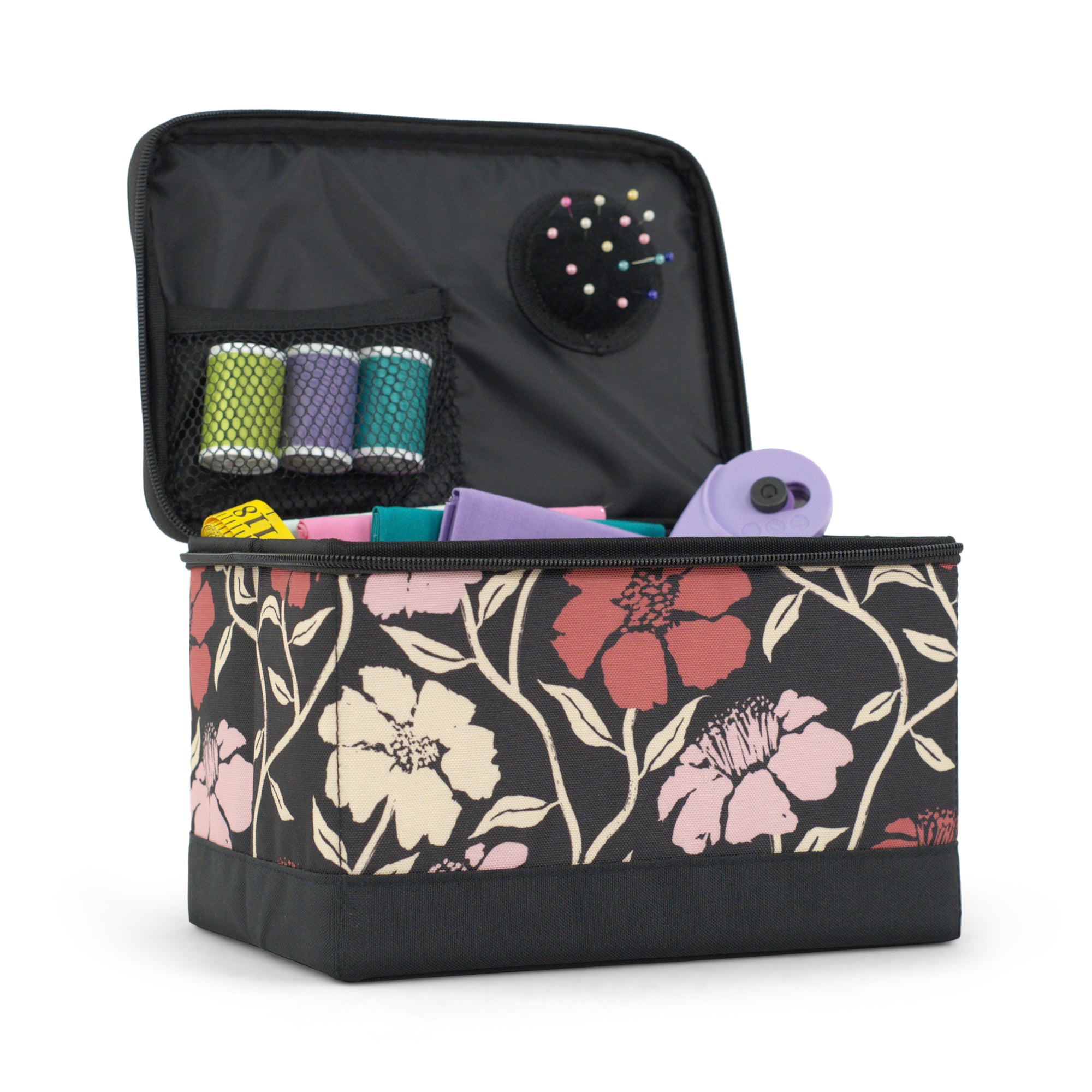 Everything Mary Sewing Box Organizer in Red & Tan Floral – Soft-Side Collapsible Sewing Kit Caddy with Pin Cushion & Storage Pocket for Notions