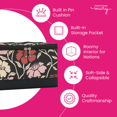 Everything Mary Sewing Box Organizer in Red & Tan Floral – Soft-Side Collapsible Sewing Kit Caddy with Pin Cushion & Storage Pocket for Notions