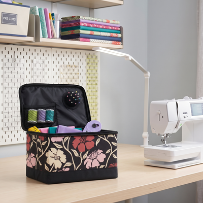 Everything Mary Sewing Box Organizer in Red & Tan Floral – Soft-Side Collapsible Sewing Kit Caddy with Pin Cushion & Storage Pocket for Notions