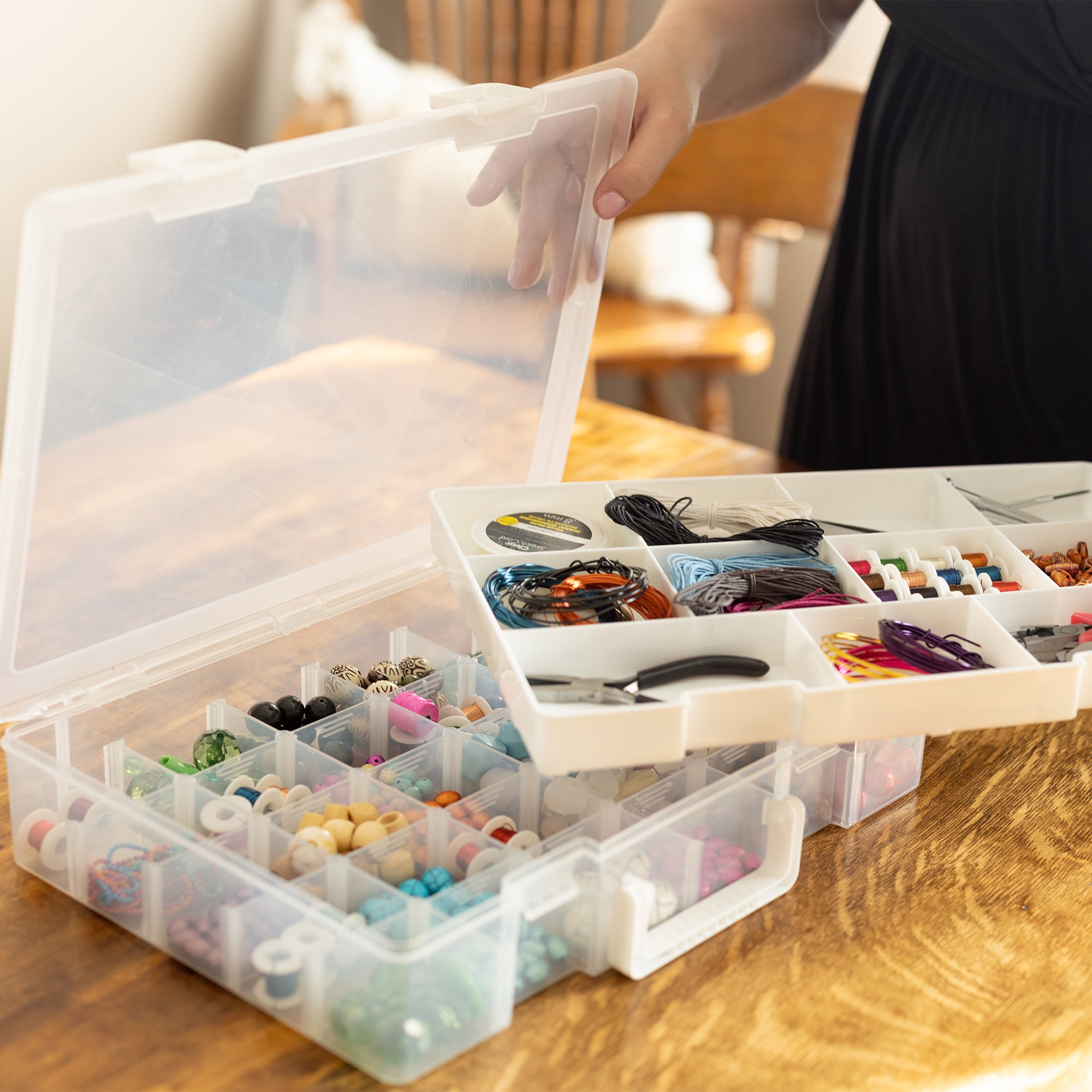 Everything Mary Plastic Craft & Hobby Storage Box with 30 Compartments – Clear & Gray Organizer for Beads, Jewelry, Sewing Supplies, & DIY Tools