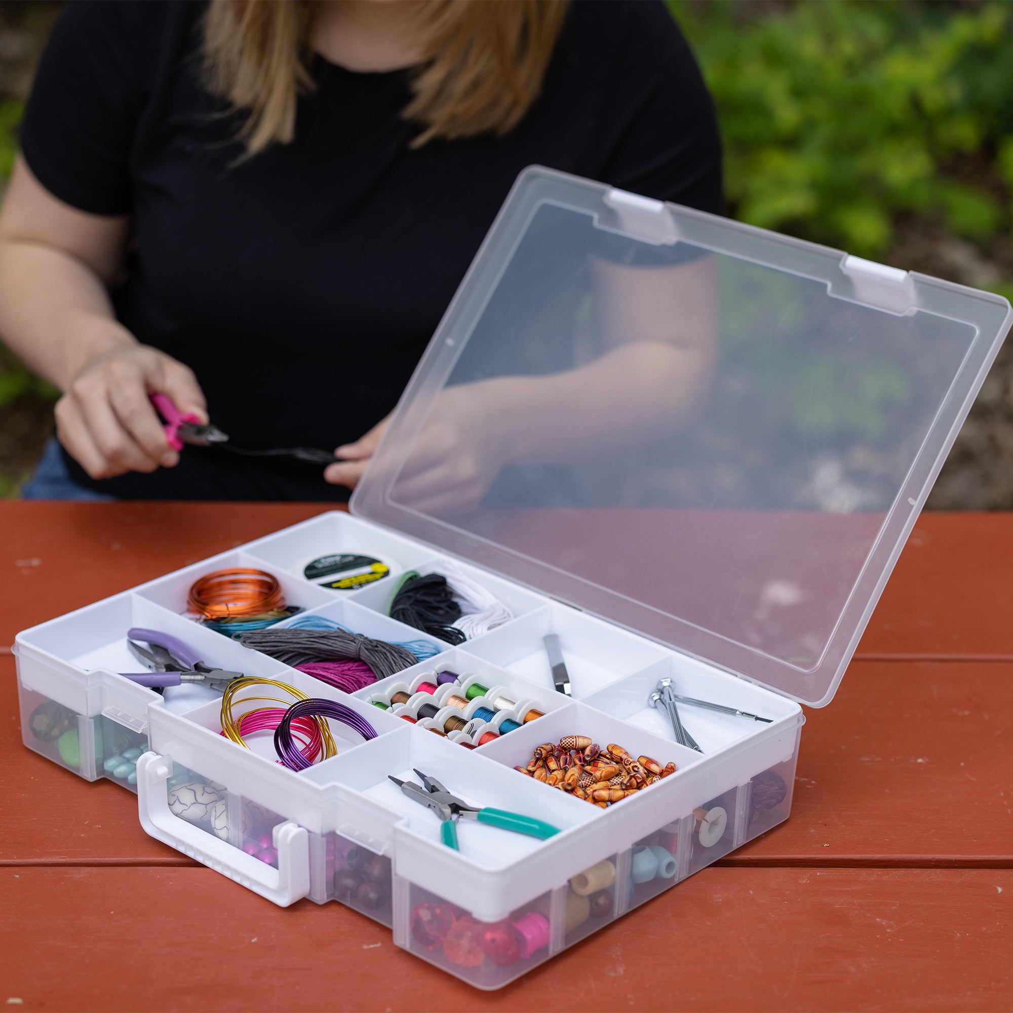 Everything Mary Plastic Craft & Hobby Storage Box with 30 Compartments – Clear & Gray Organizer for Beads, Jewelry, Sewing Supplies, & DIY Tools