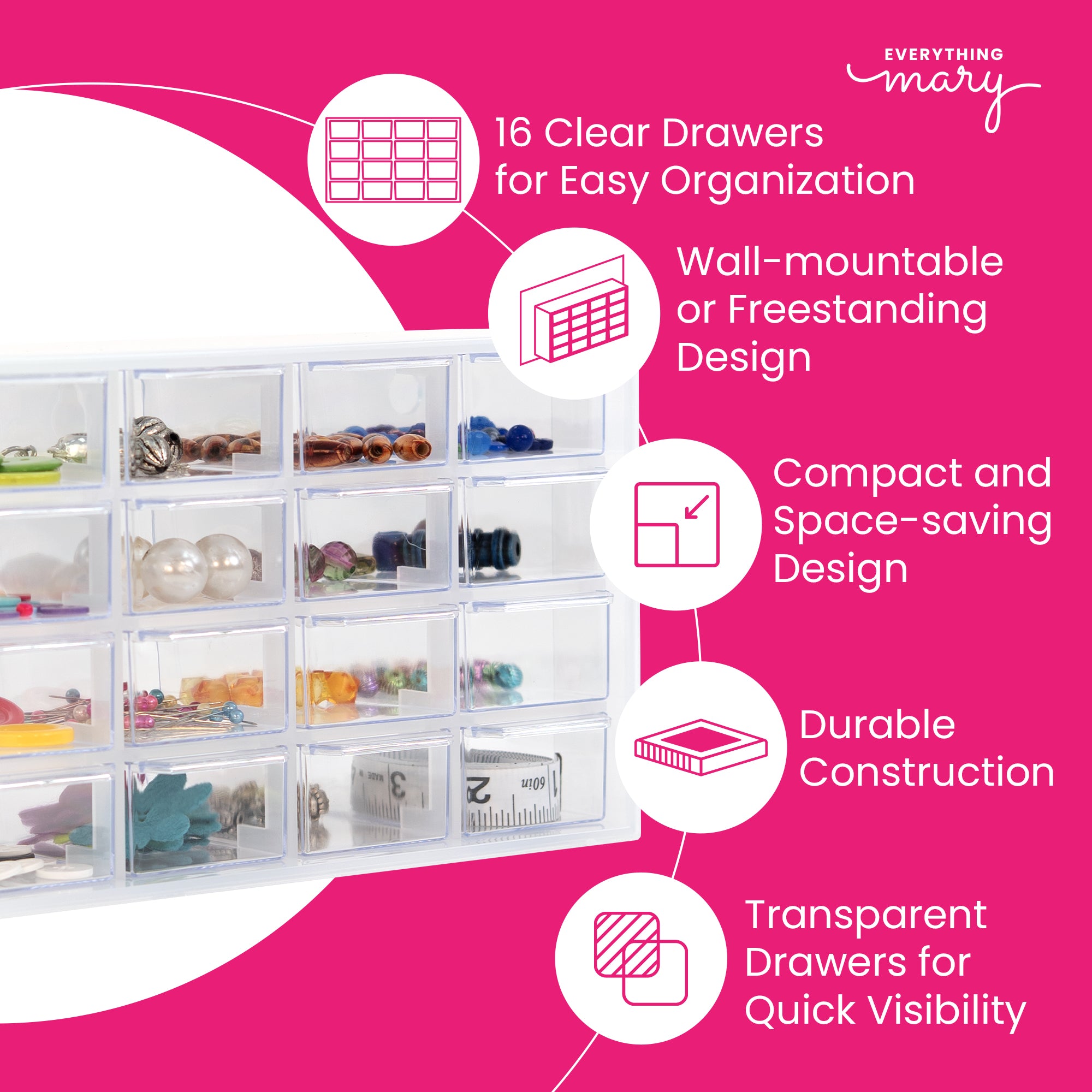 Everything Mary Clear 16-Drawer Organizer – Wall-Mountable Plastic Storage Cabinet for Crafts, Jewelry, Beads & Small Parts