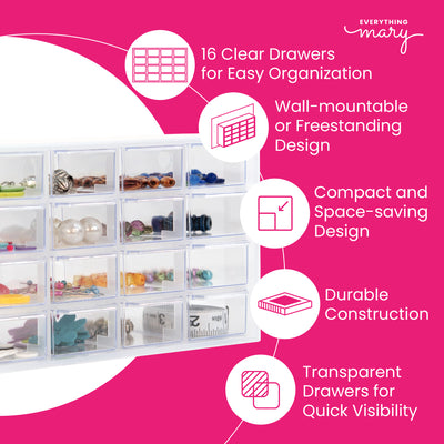 Everything Mary Clear 16-Drawer Organizer – Wall-Mountable Plastic Storage Cabinet for Crafts, Jewelry, Beads & Small Parts