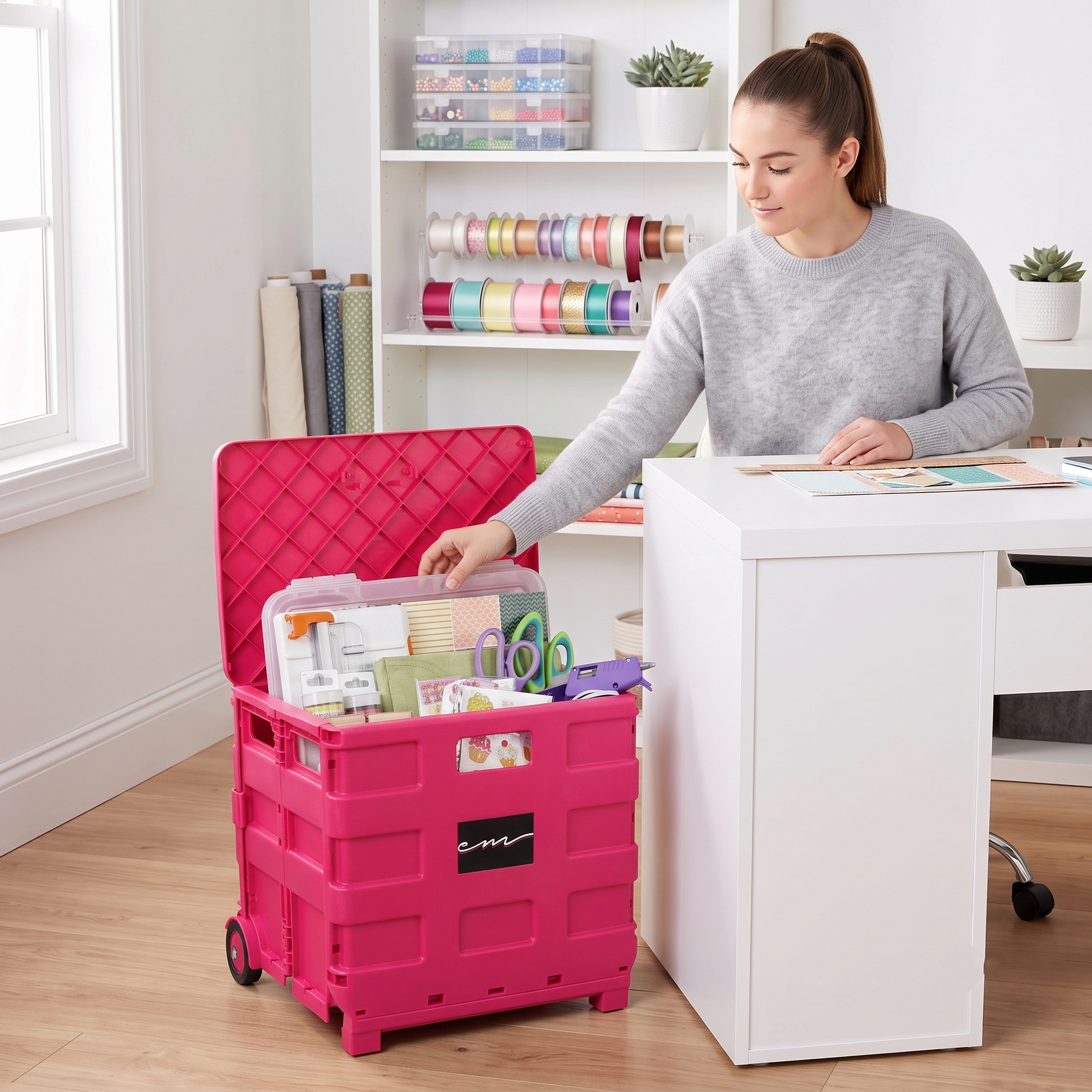 Collapsible Rolling Craft Cart with Lid – Pink