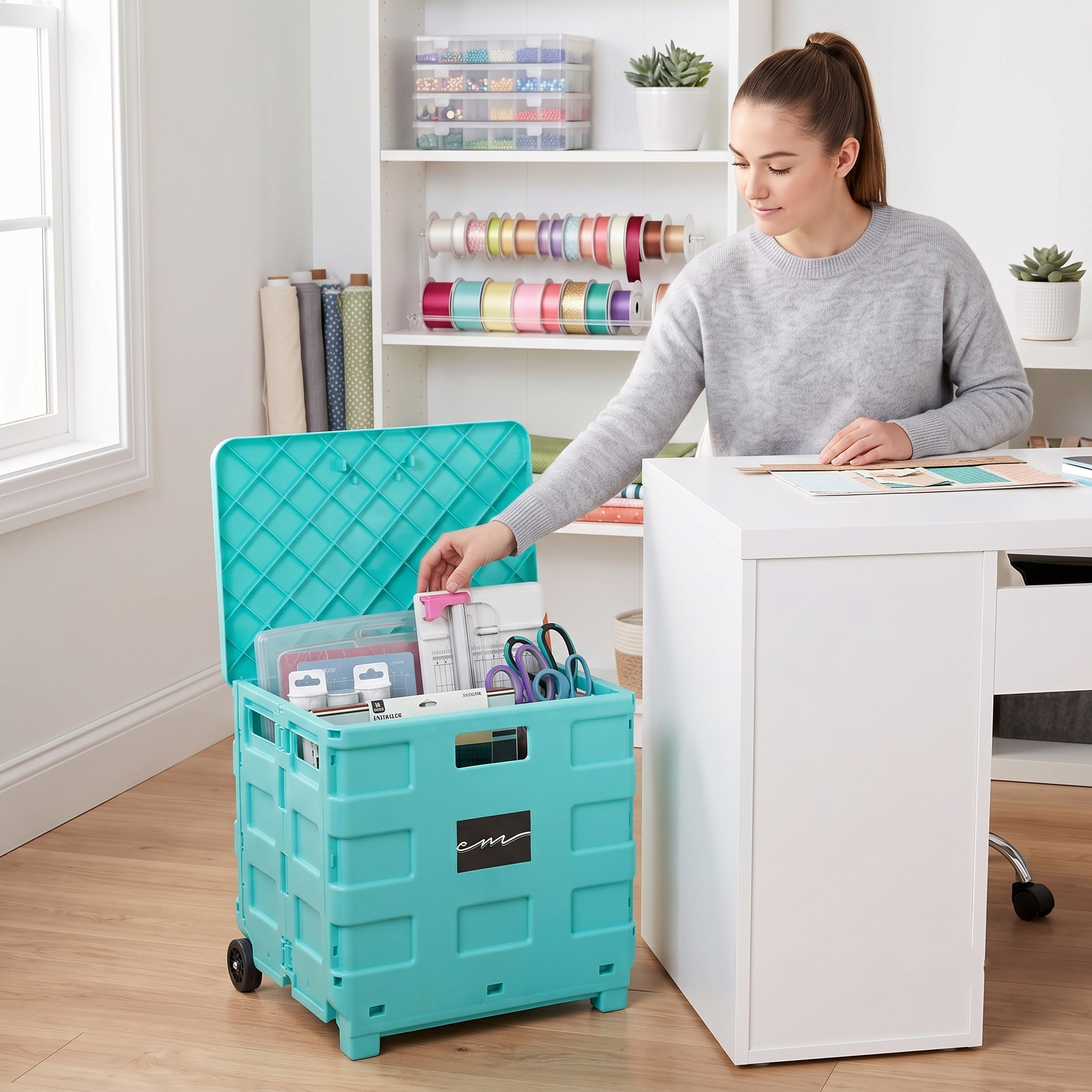 Collapsible Rolling Craft Cart with Lid – Aqua