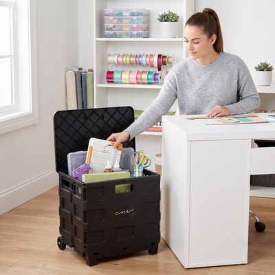 Collapsible Rolling Craft Cart with Lid – Black