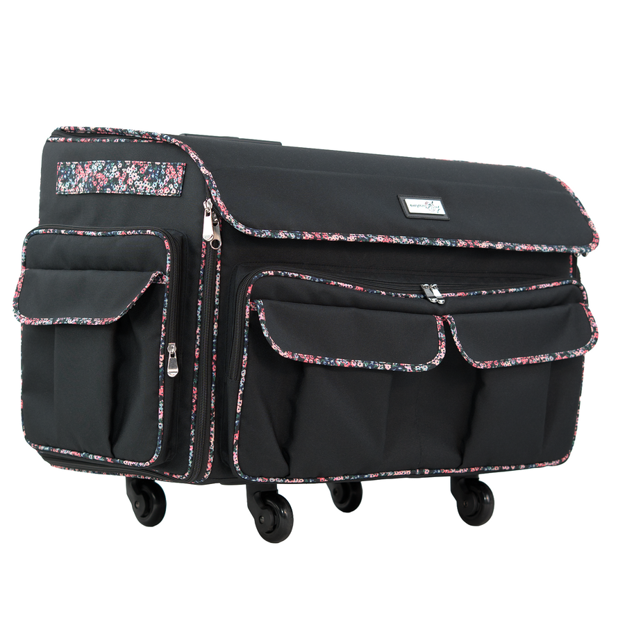 Everything Mary XXL 4 Wheel Collapsible Rolling Sewing Machine Storage Case, Black Floral