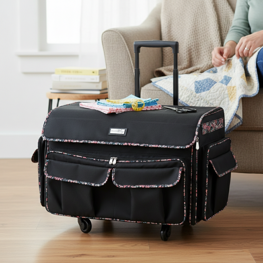 Everything Mary XXL 4 Wheel Collapsible Rolling Sewing Machine Storage Case, Black Floral