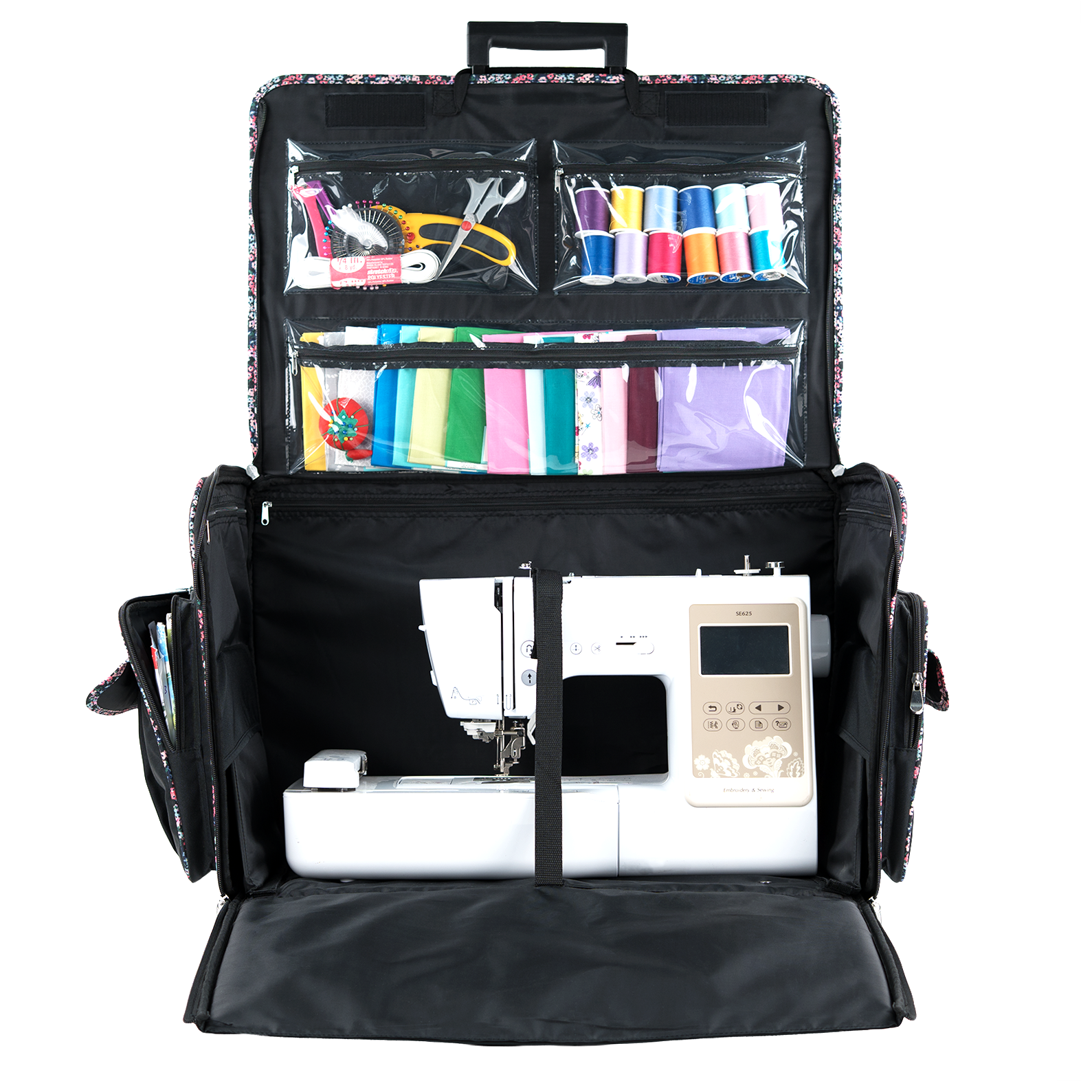 Everything Mary XXL 4 Wheel Collapsible Rolling Sewing Machine Storage Case, Black Floral