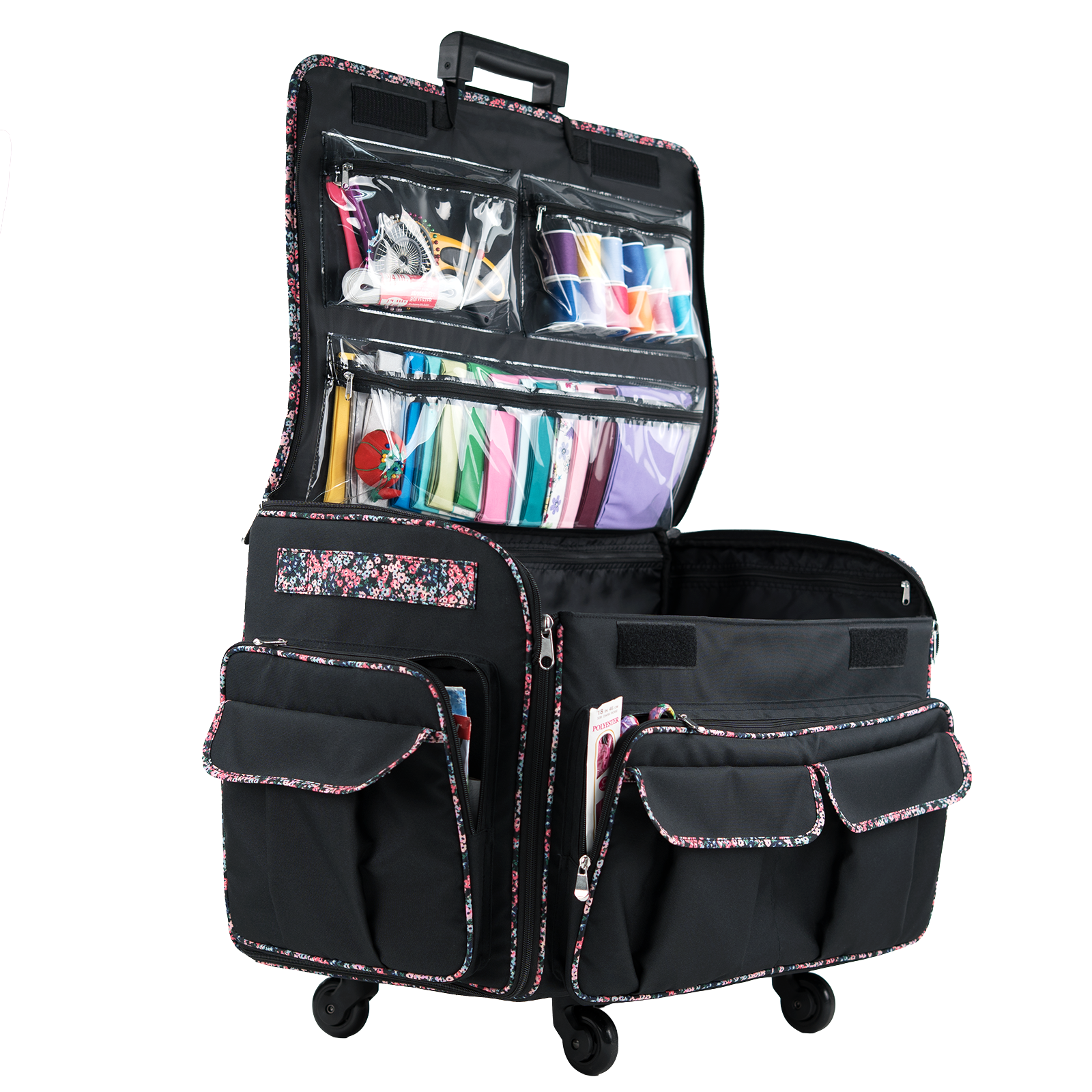 Everything Mary XXL 4 Wheel Collapsible Rolling Sewing Machine Storage Case, Black Floral