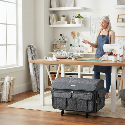 Everything Mary XXL 4 Wheel Collapsible Rolling Sewing Machine Storage Case, Grey Floral