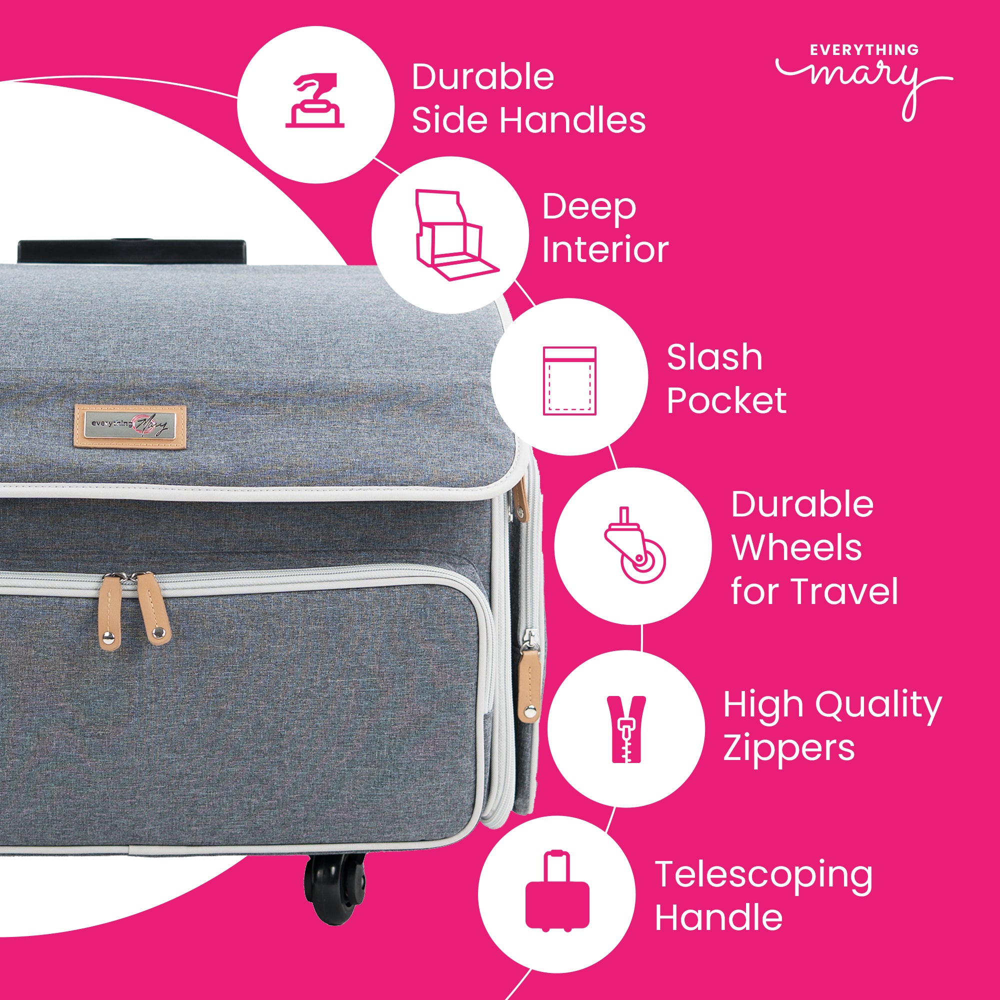 XL 4 Wheel Collapsible Deluxe Rolling Sewing Machine Storage Case, Heather Grey