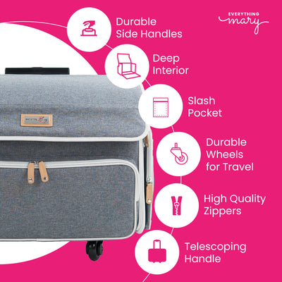 XL 4 Wheel Collapsible Deluxe Rolling Sewing Machine Storage Case, Heather Grey