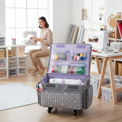 XL 4 Wheel Collapsible Deluxe Rolling Sewing Machine Storage Case, Purple Floral