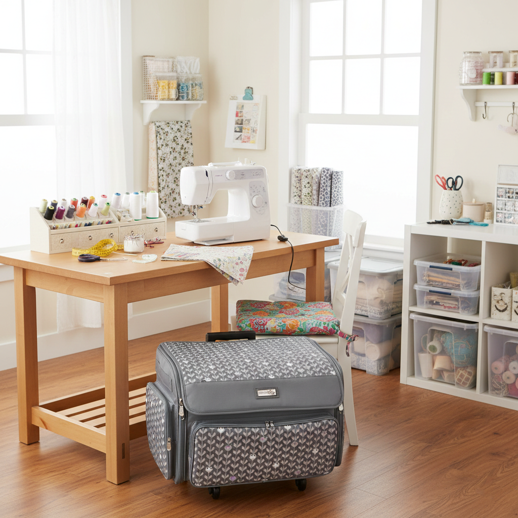 XL 4 Wheel Collapsible Deluxe Rolling Sewing Machine Storage Case, Purple Floral