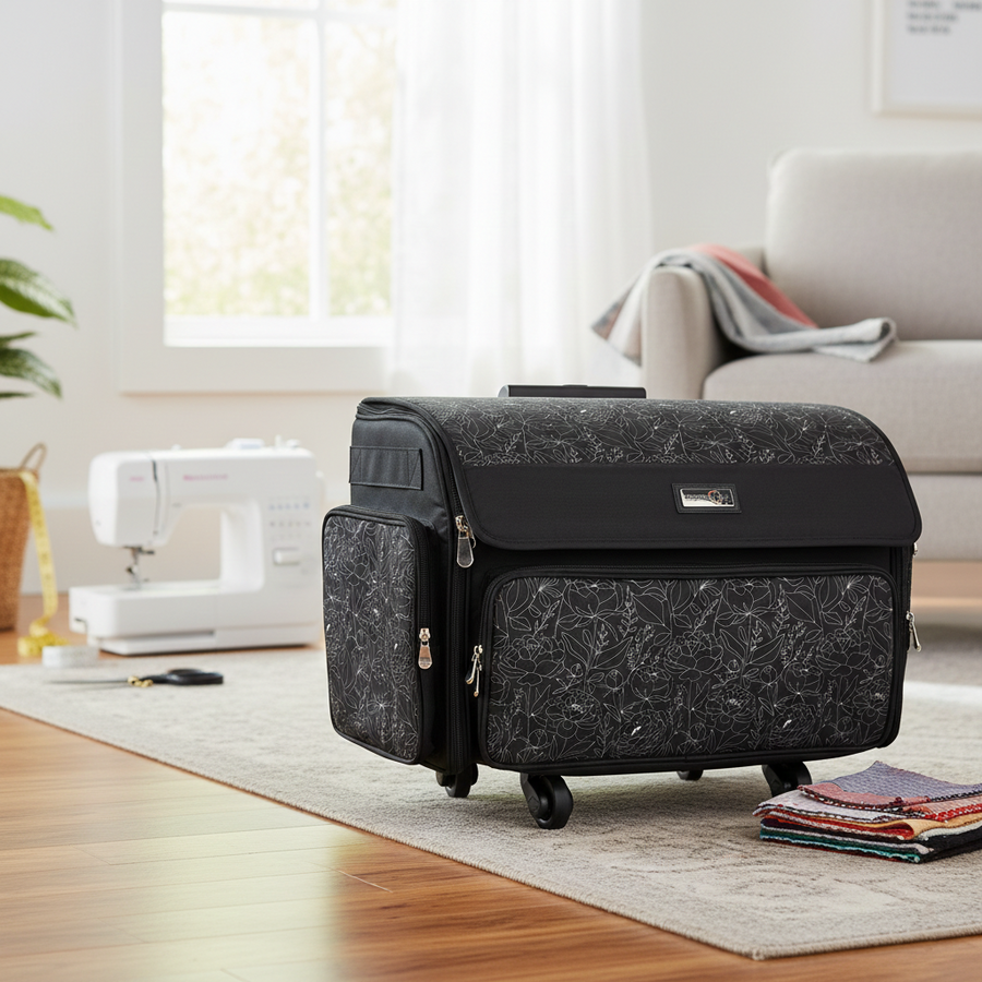 Everything Mary XL 4 Wheel Collapsible Rolling Sewing Machine Storage Case, Tan & Grey Floral