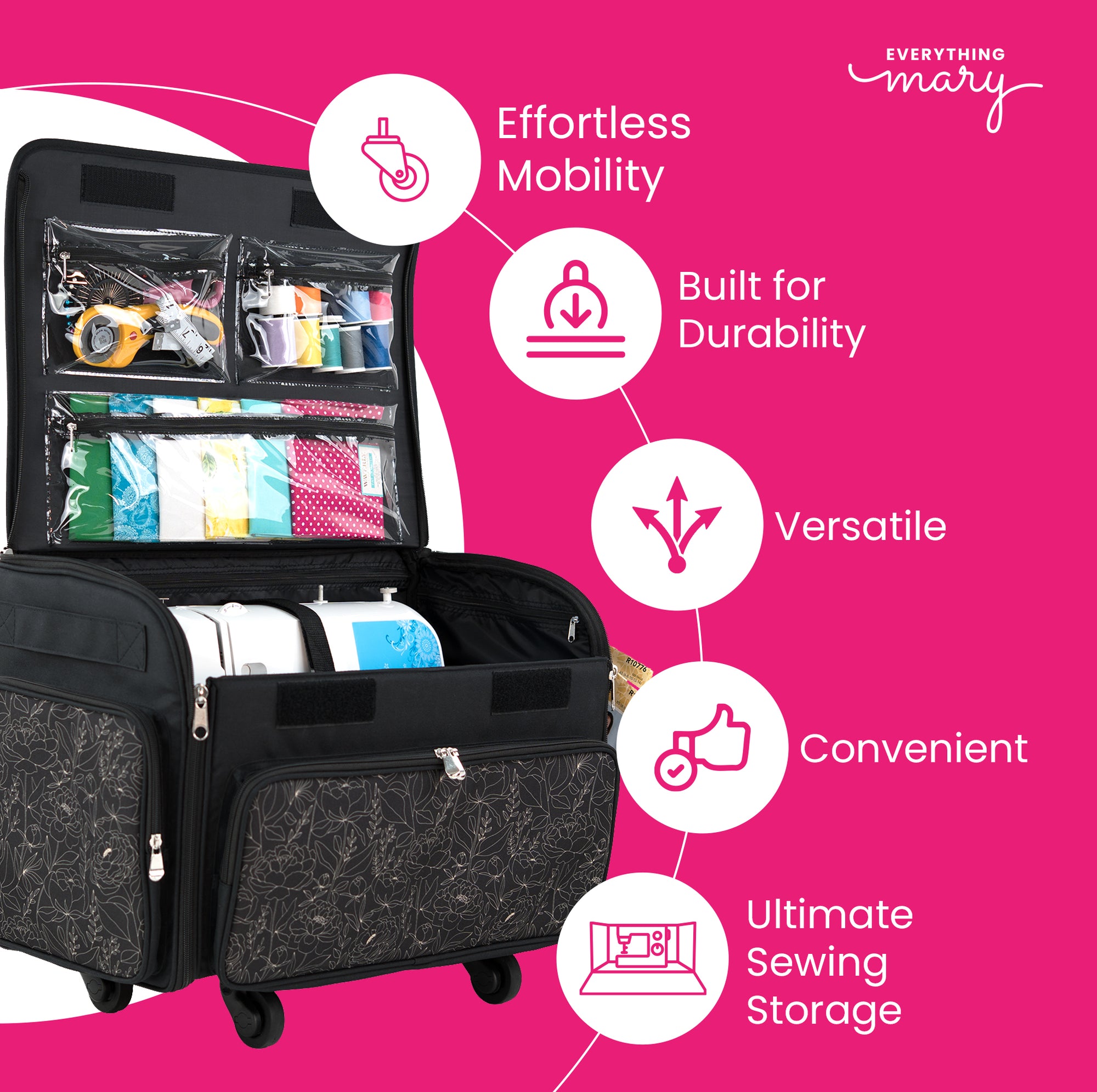 Everything Mary XL 4 Wheel Collapsible Rolling Sewing Machine Storage Case, Tan & Grey Floral