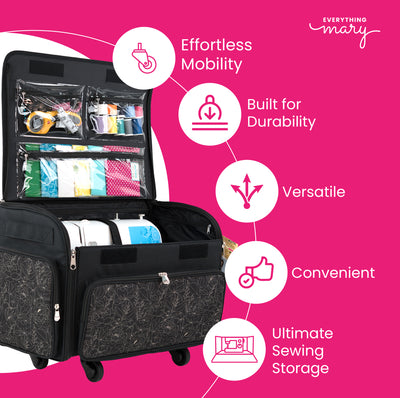 Everything Mary XL 4 Wheel Collapsible Rolling Sewing Machine Storage Case, Tan & Grey Floral