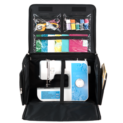 Everything Mary XL 4 Wheel Collapsible Rolling Sewing Machine Storage Case, Tan & Grey Floral