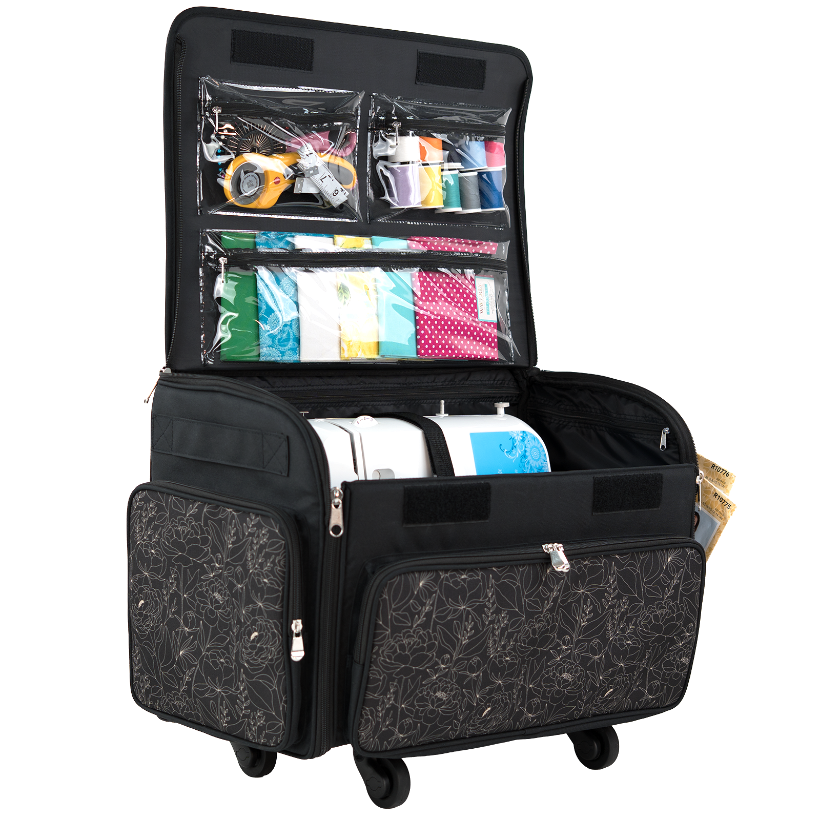 Everything Mary XL 4 Wheel Collapsible Rolling Sewing Machine Storage Case, Tan & Grey Floral