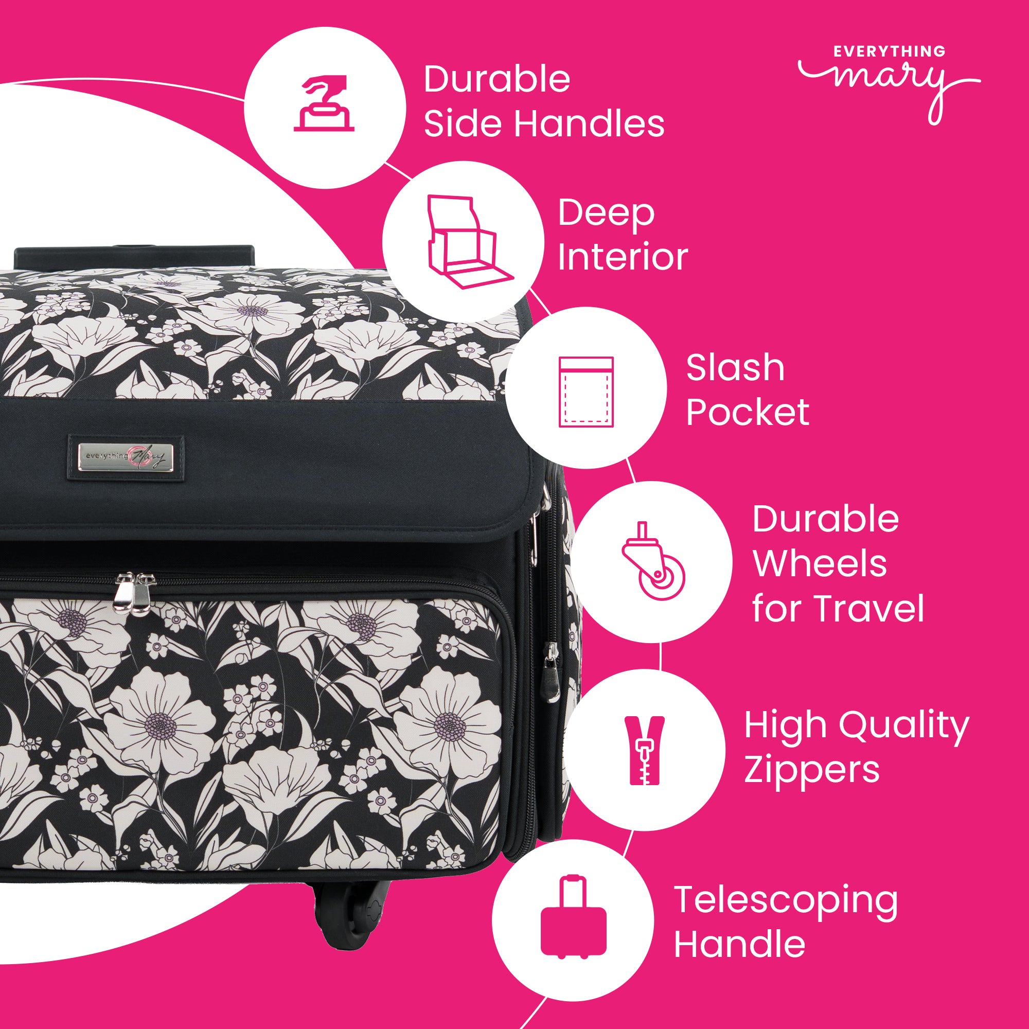 Everything Mary XL 4 Wheel Collapsible Rolling Sewing Machine Storage Case, Artistic Floral