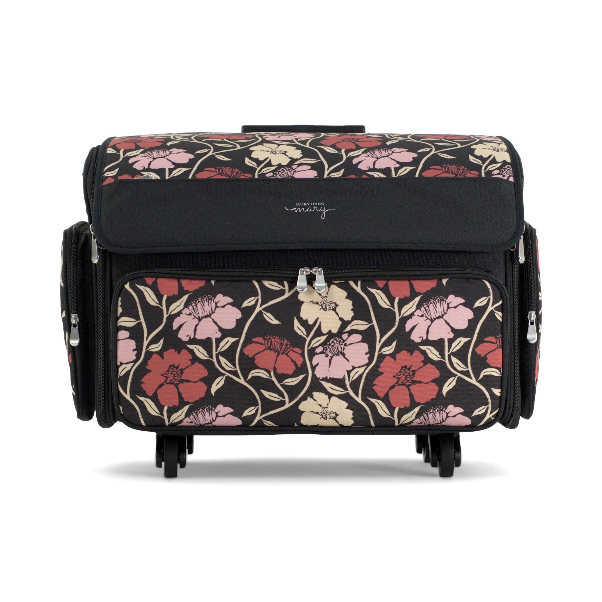 Everything Mary XL Rolling Sewing Machine Case with Wheels in Red & Tan Floral – Sewing Machine Tote Bag for Travel, Classes & Quilting