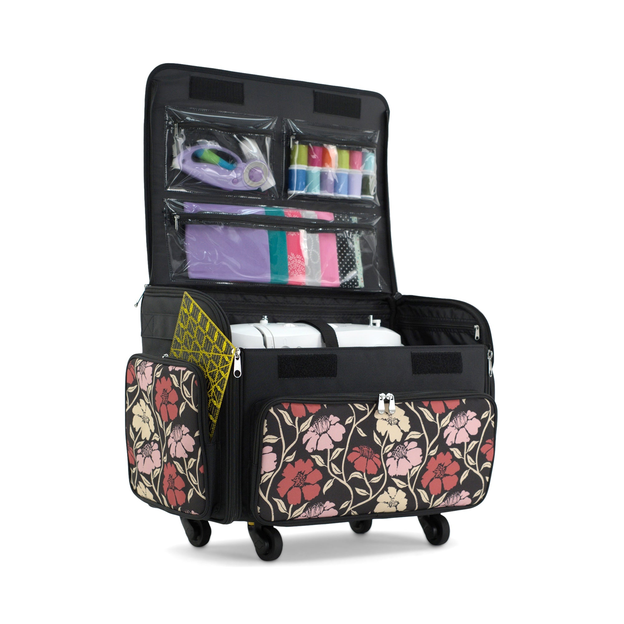 Everything Mary XL Rolling Sewing Machine Case with Wheels in Red & Tan Floral – Sewing Machine Tote Bag for Travel, Classes & Quilting