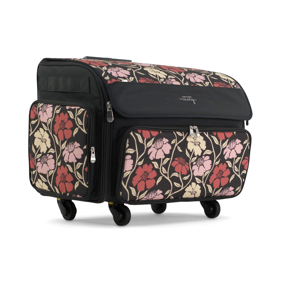 Everything Mary XL Rolling Sewing Machine Case with Wheels in Red & Tan Floral – Sewing Machine Tote Bag for Travel, Classes & Quilting