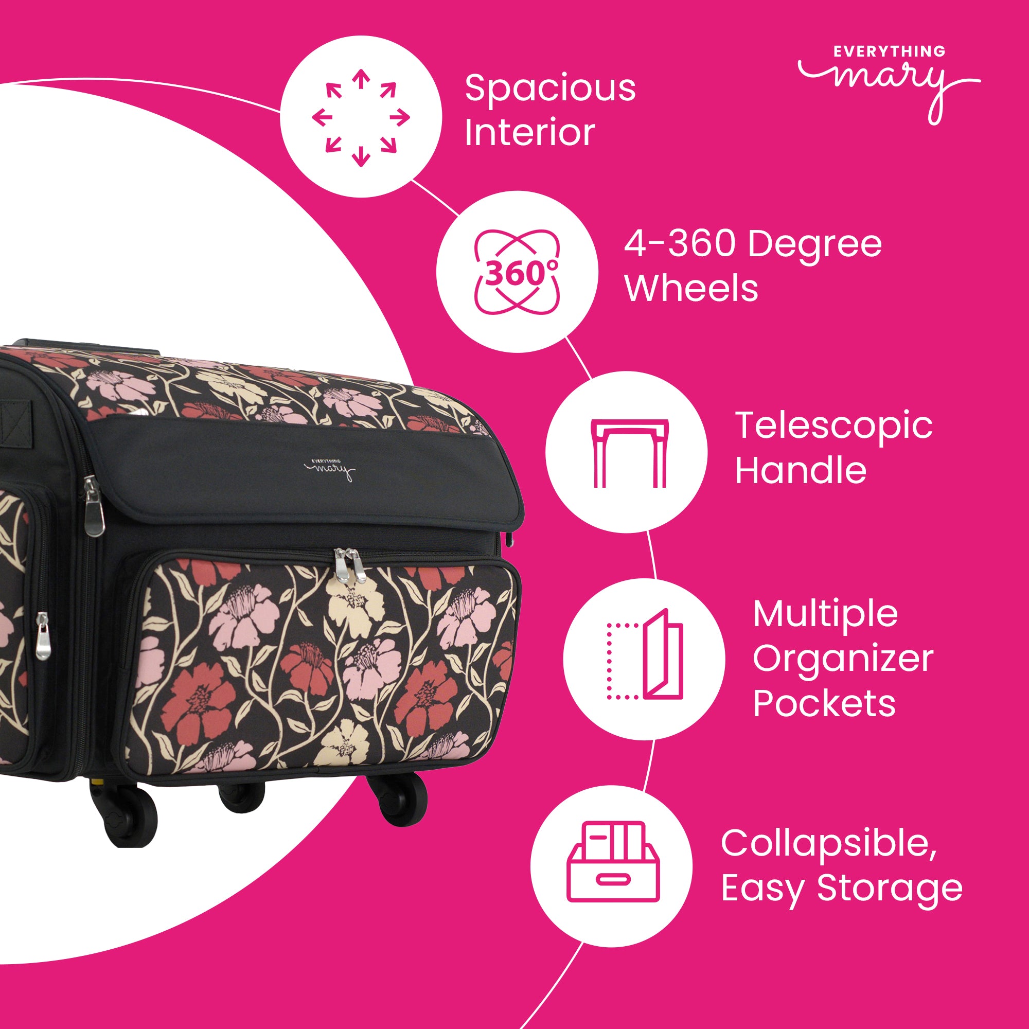 Everything Mary XL Rolling Sewing Machine Case with Wheels in Red & Tan Floral – Sewing Machine Tote Bag for Travel, Classes & Quilting